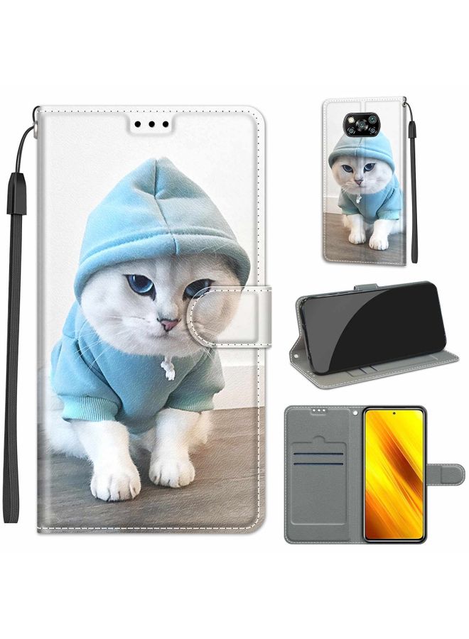 HuHa Case Cover For Xiaomi Poco X3 NFC Voltage Coloured Drawing Magnetic Clasp Horizontal Flip PU Leather Case with Holder & Card Slots C15 Blue Sweater White Cat