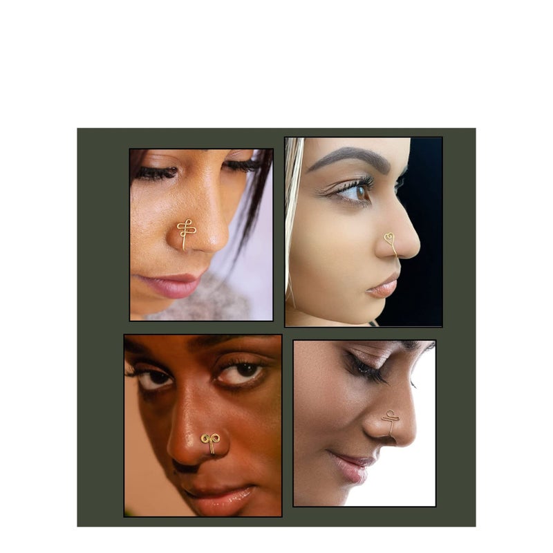 SOLARAE 12 Pcs African Nose Cuff Non Piercing, Clip On Nose Ring for Women, 14k Gold Plating Nose Ring Cuffs Set, Evil Eye, Crystal, Pearl Nose Cuffs, Fake Nose Cuff for Women and Girls - Image 2