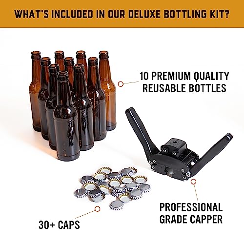 Craft A Brew طقم تعبئة ديلوكس – معدات تعبئة البيرة المنزلية – مجموعة تعبئة سهلة للبيرة المنزلية – 10 زجاجات زجاجية فارغة سعة 12 أونصة – 30+ غطاء – 1 جهاز تغطية...  - Image 3