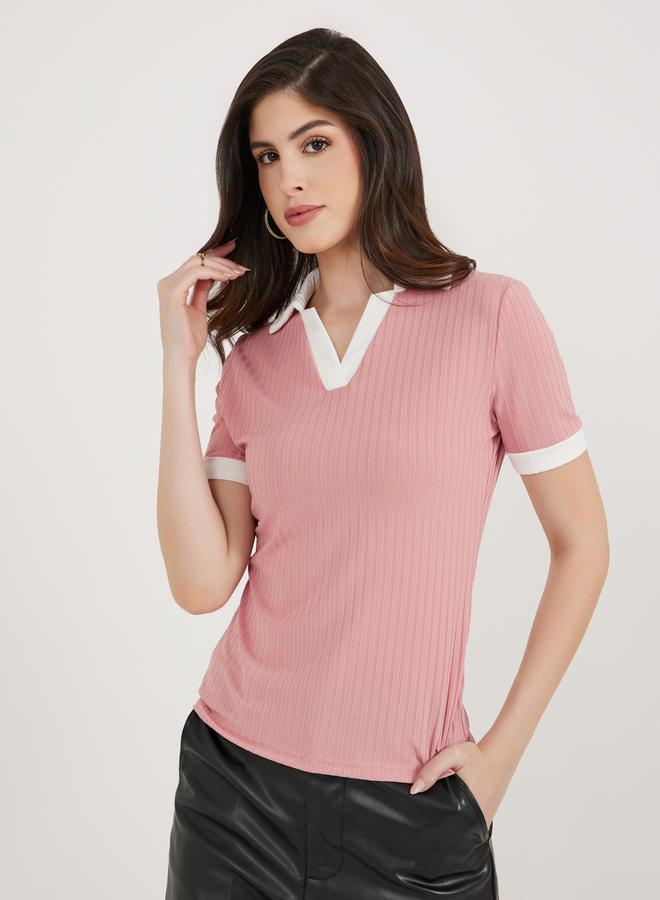 Styli Contrast Trim Rib Collared Fitted Polo T-Shirt - Image 3