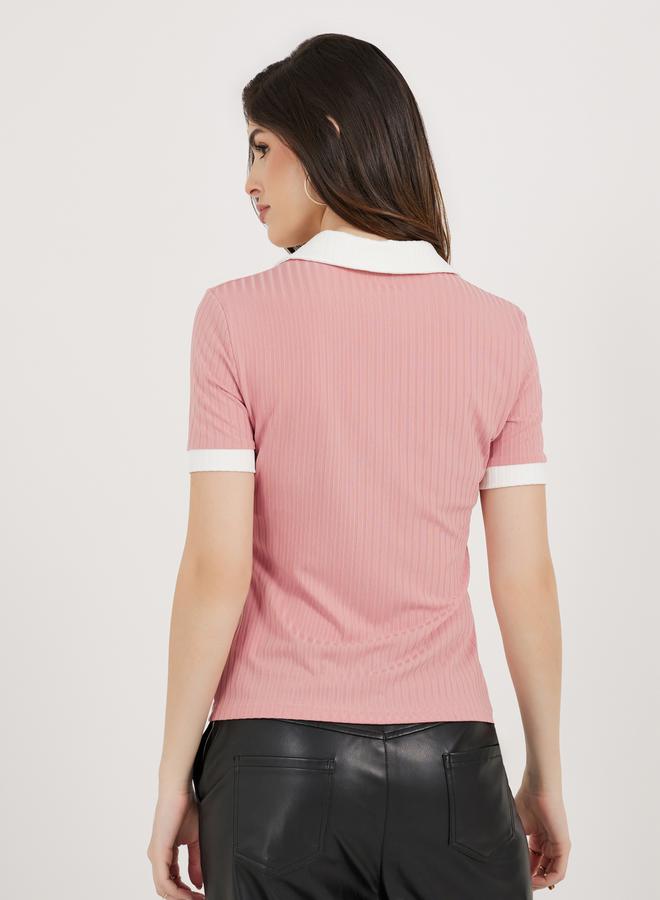 Styli Contrast Trim Rib Collared Fitted Polo T-Shirt - Image 5