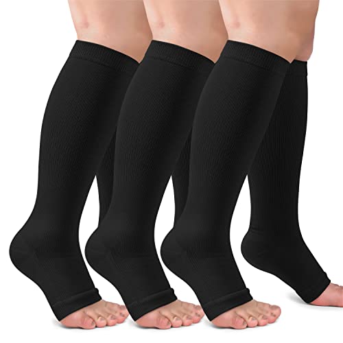 CTHH 3 Pack Open Toe Compression Socks for Women & Men, Toeless Knee High Stockings for Circulation Support, Black Large-X-Large - Image 2