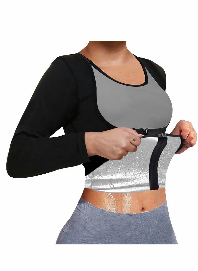 Excefore Sauna Suit for Women Sweat Body Shaper Jacket Hot Waist Trainer Long Sleeve Zipper Shirt Workout Top - L - Image 1