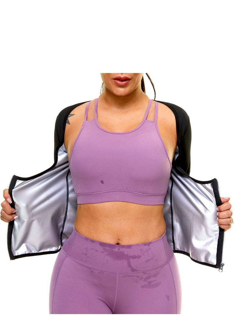 Excefore Sauna Suit for Women Sweat Body Shaper Jacket Hot Waist Trainer Long Sleeve Zipper Shirt Workout Top - L - Image 2