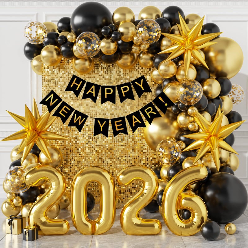 Sllyfo 140Pcs New Year Decorations 2026 Balloons Arch  Party Supplies 2026 with Black  Gold 2026 Balloons Happy New Year Banner  Perfect for Eve Celebrations