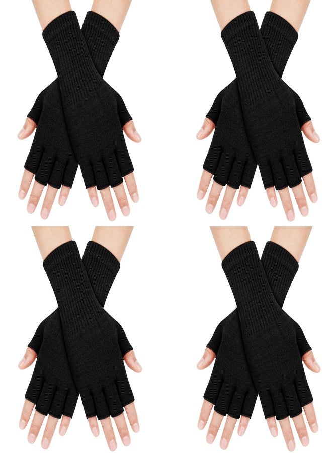 ONESING 4 Pairs Black Fingerless Gloves for Women Half Finger Knit Gloves Warm Stretchy Gloves typing gloves for Women - Image 1