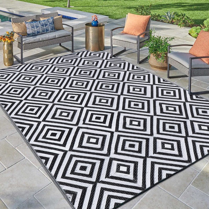 Ridota Ridota Reversible Mats Outdoor Patio Rugs Plastic Straw Rug Modern Area Rug Floor Mat for Outdoors RV Patio Backyard Deck Picnic Beach Trailer Camping Diamond Black  White 9 x 12 