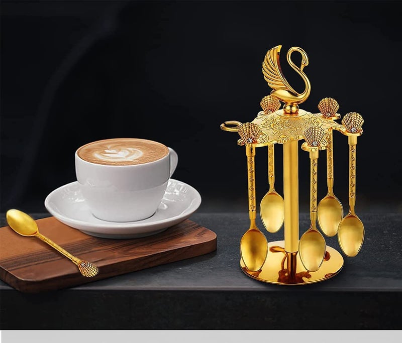 Flylin Decorative Swan Base Holder with 6 Spoons, Fancy Tea Spoons Coffee Dessert, Teaspoons, Jam Spoon for Fruit, Stirring, Mixing, Sugar, Ice Cream, Cake (Gold) - Image 2