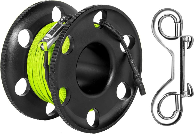 Pluzluce 100FT Scuba Diving Reel with Bolt Snap, Aluminum Alloy Finger Spool with Braided Nylon Line – Big Dive Reel for Scuba, Snorkeling, Spearfishing, Cave & Wreck Diving (Yellow Line Black Reel) - Image 1