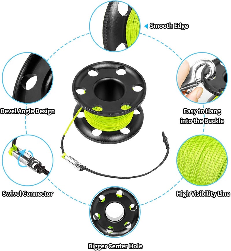 Pluzluce 100FT Scuba Diving Reel with Bolt Snap, Aluminum Alloy Finger Spool with Braided Nylon Line – Big Dive Reel for Scuba, Snorkeling, Spearfishing, Cave & Wreck Diving (Yellow Line Black Reel) - Image 4