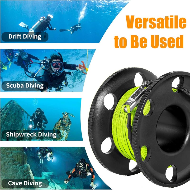 Pluzluce 100FT Scuba Diving Reel with Bolt Snap, Aluminum Alloy Finger Spool with Braided Nylon Line – Big Dive Reel for Scuba, Snorkeling, Spearfishing, Cave & Wreck Diving (Yellow Line Black Reel) - Image 2