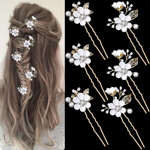 TecoKart® Bridal Flower Pins for Women, 6PCS White Floral Hair Pins, Elegant Hair Accessories for Women Wedding, Flower Hair Accessories for Woman Bridal Look - Image 1