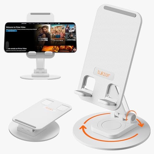 Tukzer Foldable Tablet Stand Mobile Holder with 360° Swivel Base| Multilevel Angle & Height Adjustment|Solid Structure, Sturdy & Heavy Metal Base| for Up to 12 Inch Screen Devices, iPad iPhone (White) - Image 1