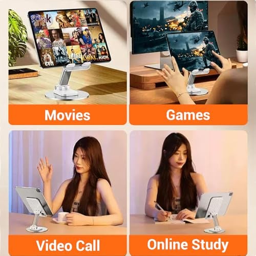Tukzer Foldable Tablet Stand Mobile Holder with 360° Swivel Base| Multilevel Angle & Height Adjustment|Solid Structure, Sturdy & Heavy Metal Base| for Up to 12 Inch Screen Devices, iPad iPhone (White) - Image 4