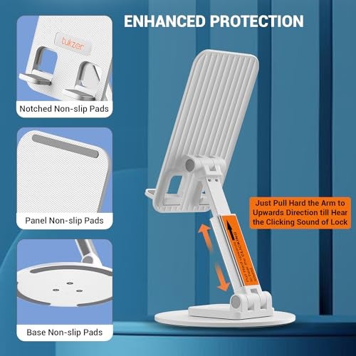 Tukzer Foldable Tablet Stand Mobile Holder with 360° Swivel Base| Multilevel Angle & Height Adjustment|Solid Structure, Sturdy & Heavy Metal Base| for Up to 12 Inch Screen Devices, iPad iPhone (White) - Image 2