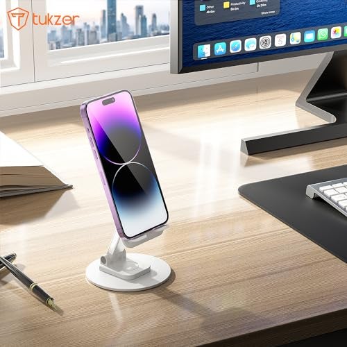 Tukzer Foldable Tablet Stand Mobile Holder with 360° Swivel Base| Multilevel Angle & Height Adjustment|Solid Structure, Sturdy & Heavy Metal Base| for Up to 12 Inch Screen Devices, iPad iPhone (White) - Image 5