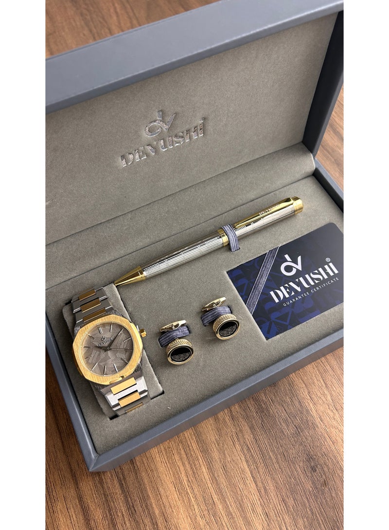 ديفوشي طقم ديفوشي رجالي فاخر – ساعة يد استيل ذهبي و فضي + قلم + كبك – ضمان سنتين - Image 1