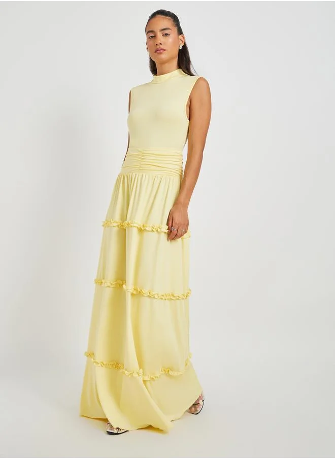 Take Two Take Two Yellow Solid Sleeveless Ruched Detail Tiered Maxi Dress