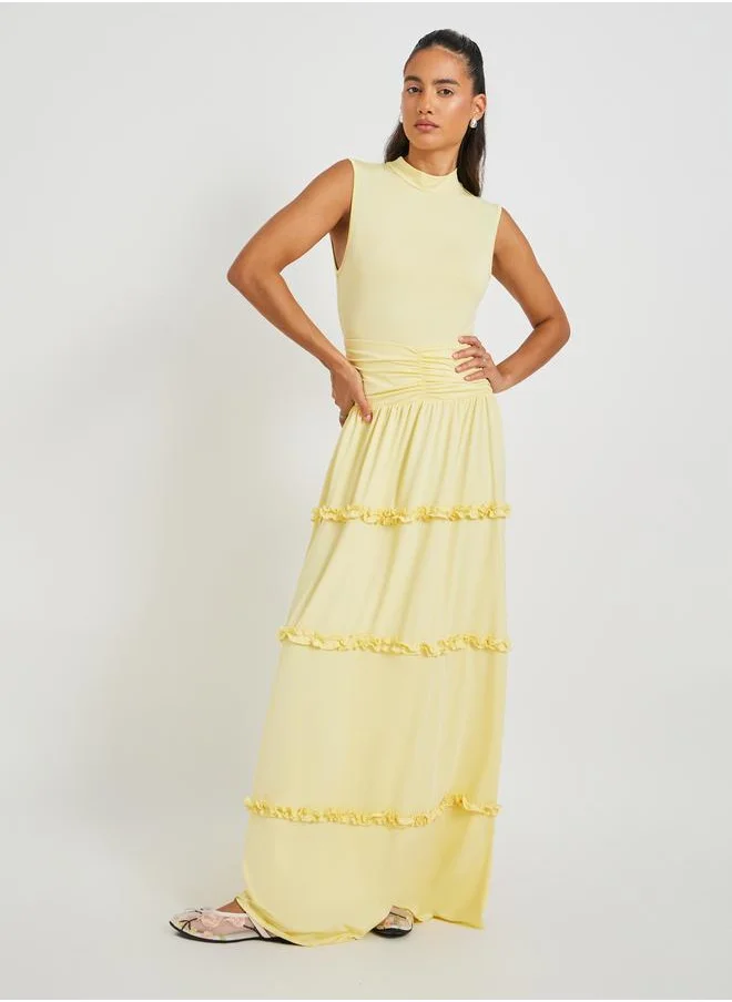 Take Two Take Two Yellow Solid Sleeveless Ruched Detail Tiered Maxi Dress