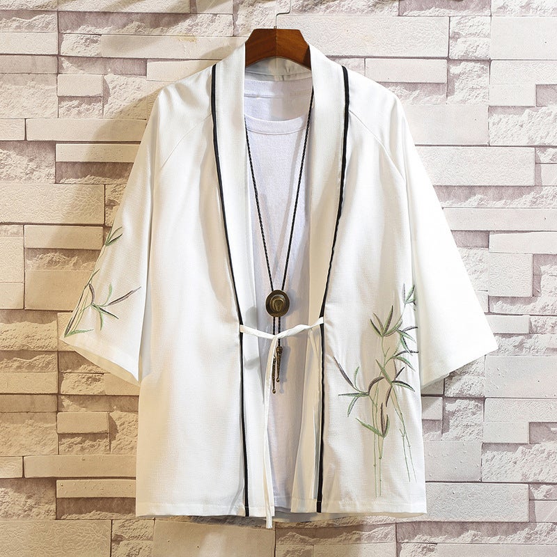 2024 Chinese Style Shirt Mens Loose Cardigan Robe Japanese Style Crane Embroidered Seven-Sleeve Hanfu Thin Coat 205 White 