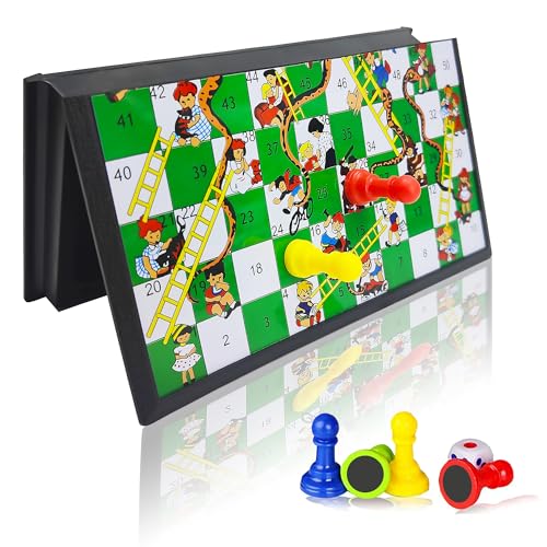 KIDAMI Mini Magnetic Snakes and Ladders Board Game Set, Folding Portable Design and Light-Weight, Travel Game Set Gift for Kids Toddlers (7.64 × 7.64 inches) - Image 1