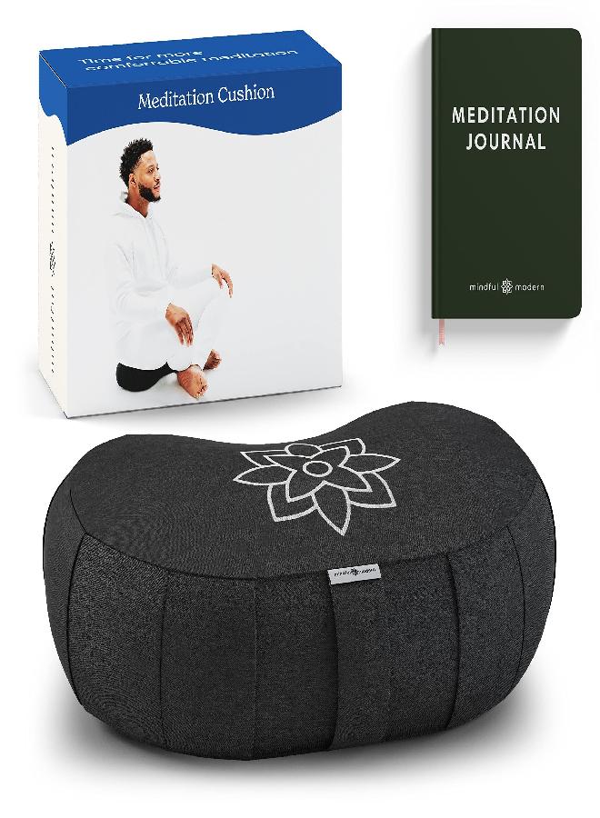 Mindful Modern Mindful & Modern Large Meditation Cushion | Zafu Yoga Bolster Meditation Floor Pillow Seat | Buckwheat Hull Filled Crescent Shaped Cushion with Removable Washable Cover + Carry Handle (Minimal Black) - Image 4
