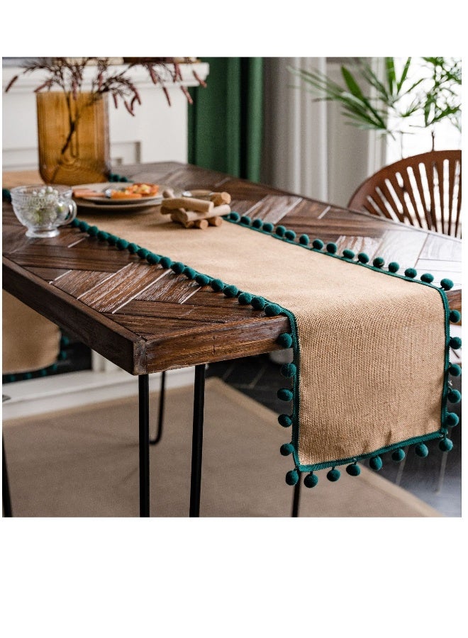 عداء طاولة من خيش الجوت، مفرش طاولة ريفي بحواف كروية لتزيين طاولة حفلات المنزل (أخضر، 30×180 سم) - Image 1
