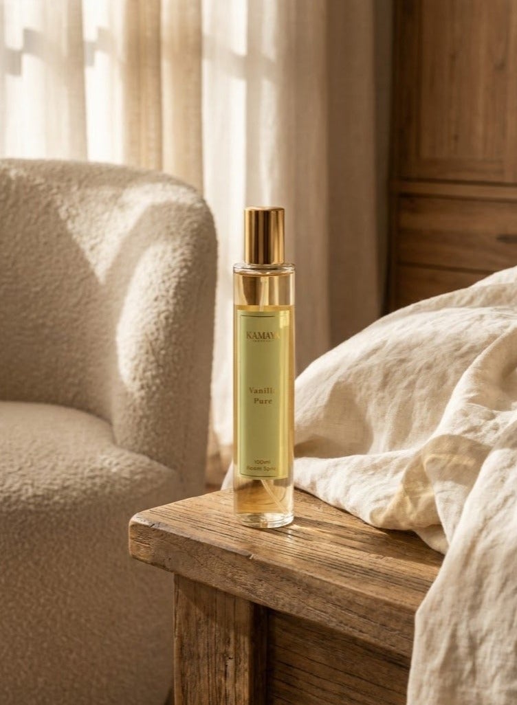 KAMAYA Iris Collection Vanilla Pure Room Spray 100ml | Long lasting Vanilla pure fragrance in clear bottle with gold lid - Image 1
