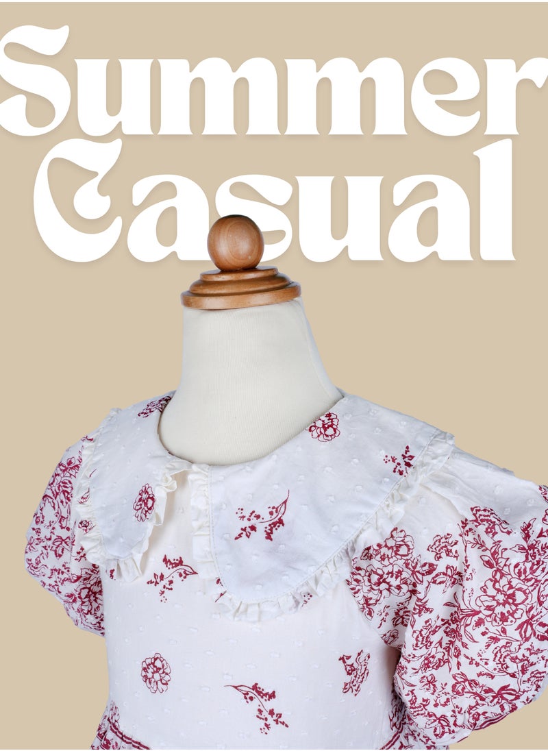 Generic Summer White and Red Floral Rayon Girl's Frock Dress with Puffed Sleeves  - Image 2