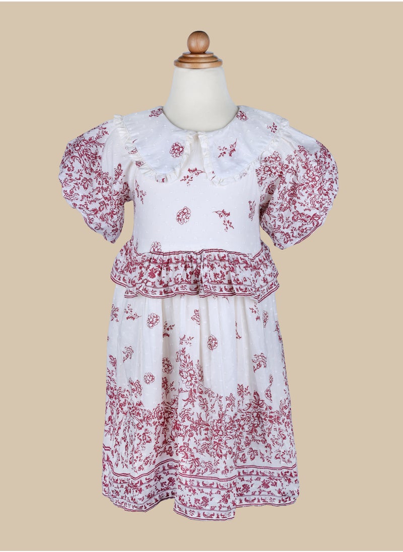Generic Summer White and Red Floral Rayon Girl's Frock Dress with Puffed Sleeves  - Image 1