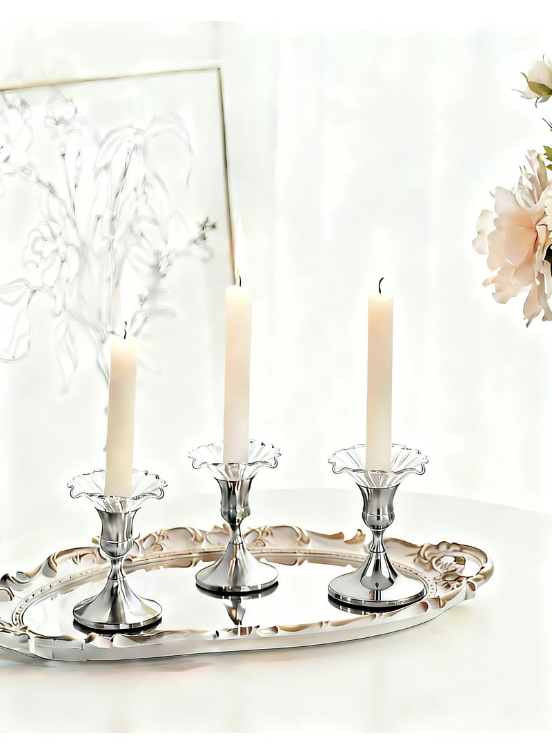 HomeNoor Elegant Premium Silver Candlestick Holders with Petal-Shaped Glass Wax Catchers, Set of 3 Anti-Drip Candle Stands for Table Centerpieces, Home Decor, Weddings, Parties and Festival Celebrations - Image 1