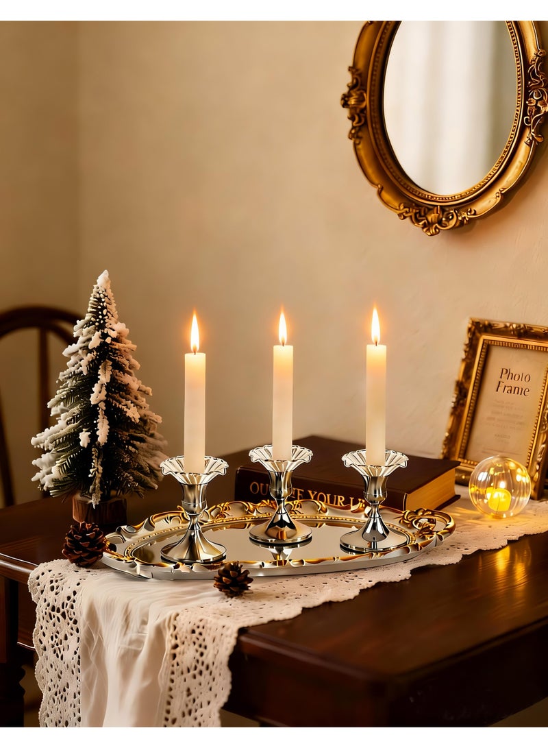 HomeNoor Elegant Premium Silver Candlestick Holders with Petal-Shaped Glass Wax Catchers, Set of 3 Anti-Drip Candle Stands for Table Centerpieces, Home Decor, Weddings, Parties and Festival Celebrations - Image 4