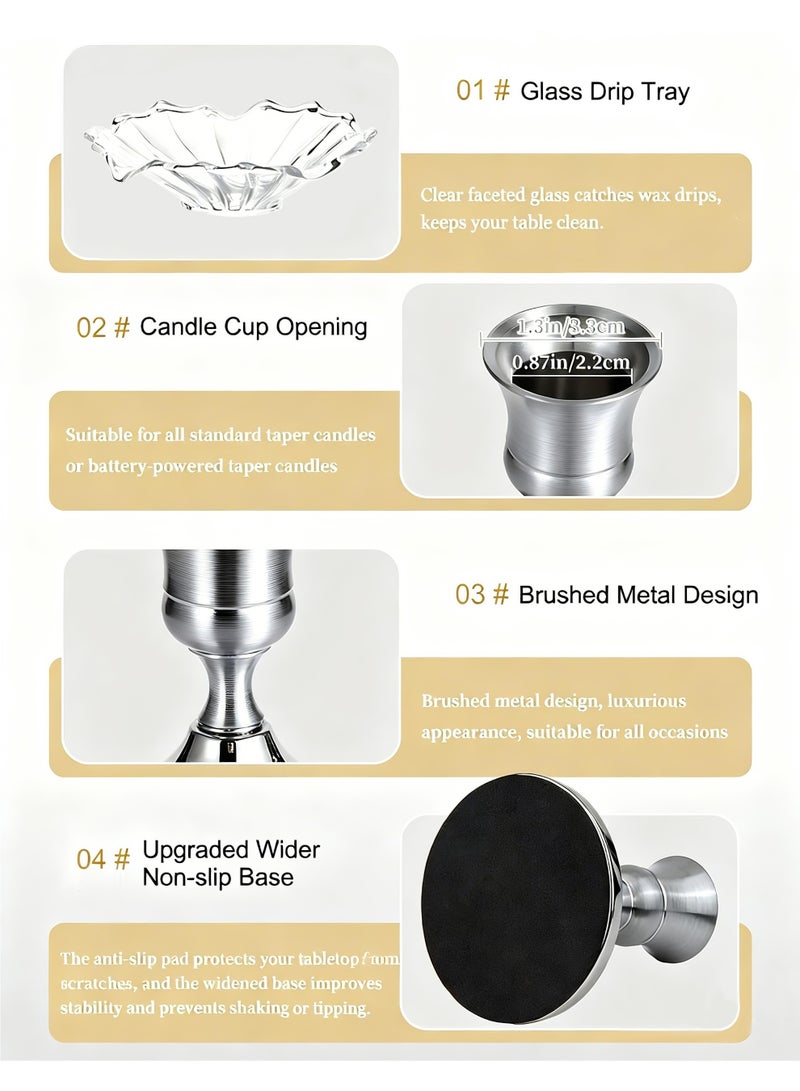 HomeNoor Elegant Premium Silver Candlestick Holders with Petal-Shaped Glass Wax Catchers, Set of 3 Anti-Drip Candle Stands for Table Centerpieces, Home Decor, Weddings, Parties and Festival Celebrations - Image 3