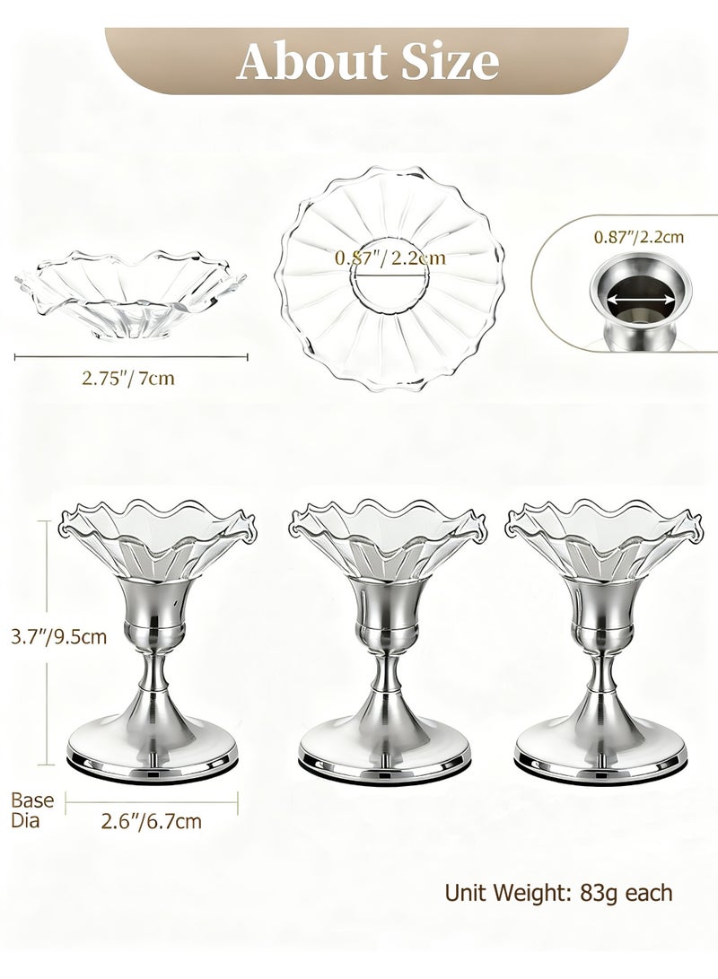 HomeNoor Elegant Premium Silver Candlestick Holders with Petal-Shaped Glass Wax Catchers, Set of 3 Anti-Drip Candle Stands for Table Centerpieces, Home Decor, Weddings, Parties and Festival Celebrations - Image 2