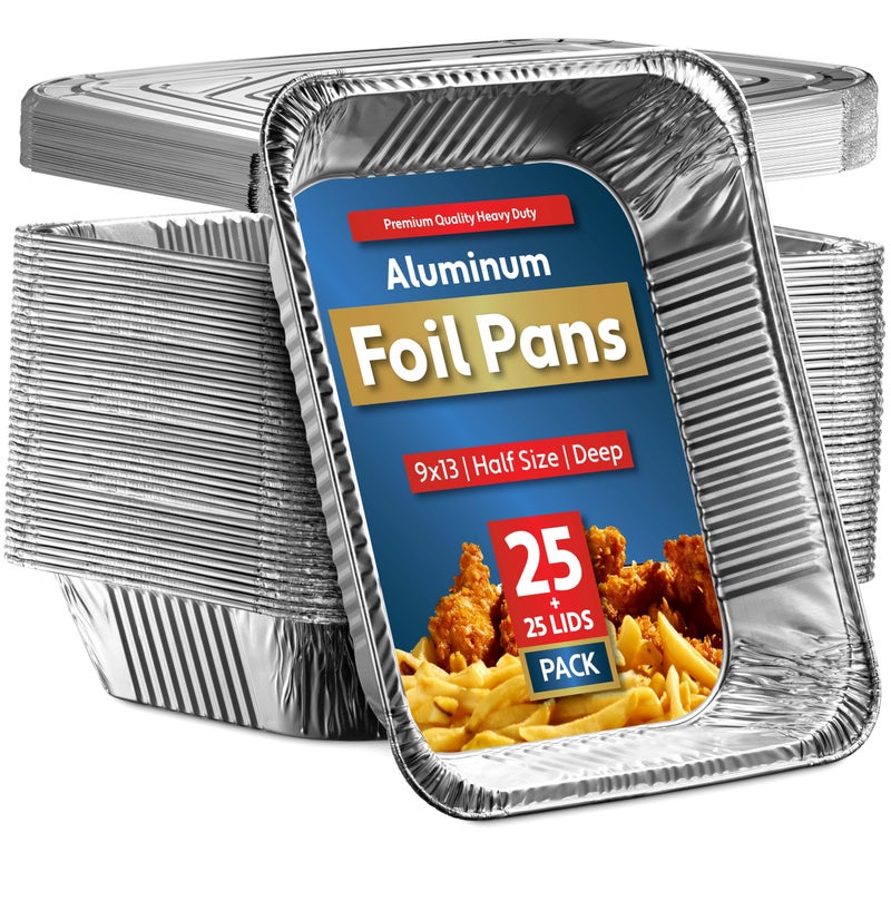 25 Pack Aluminum Pans Disposable 9x13 Baking Pan Chafing Trays with Lids Half Size Oven Steam Table Tin Foil Pans with Covers Extra Heavy Duty Foil Pans for Heating Roasting Cooking Storing Food