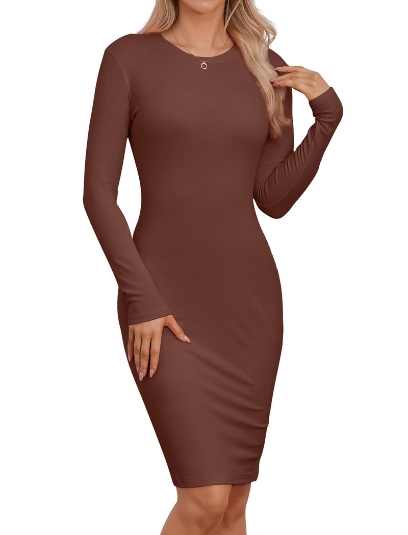 Qaffier Bodycon Dresses for Women - Long Sleeve Dress Crew Neck Basic Thigh Pencil Midi Dresses Coffee Large - Image 1