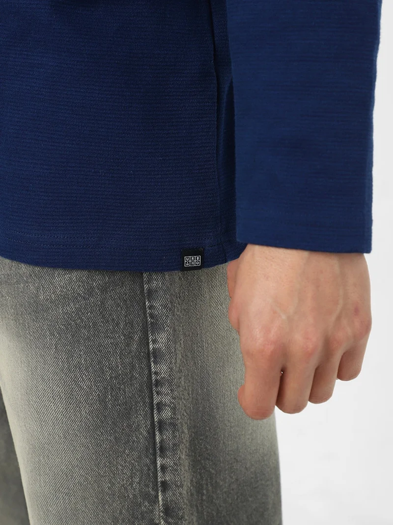Urbano Fashion  Urbano Fashion Men's Navy Textured Round Neck Oversized Full Sleeve Cotton T-Shirt  | Best Price UAE