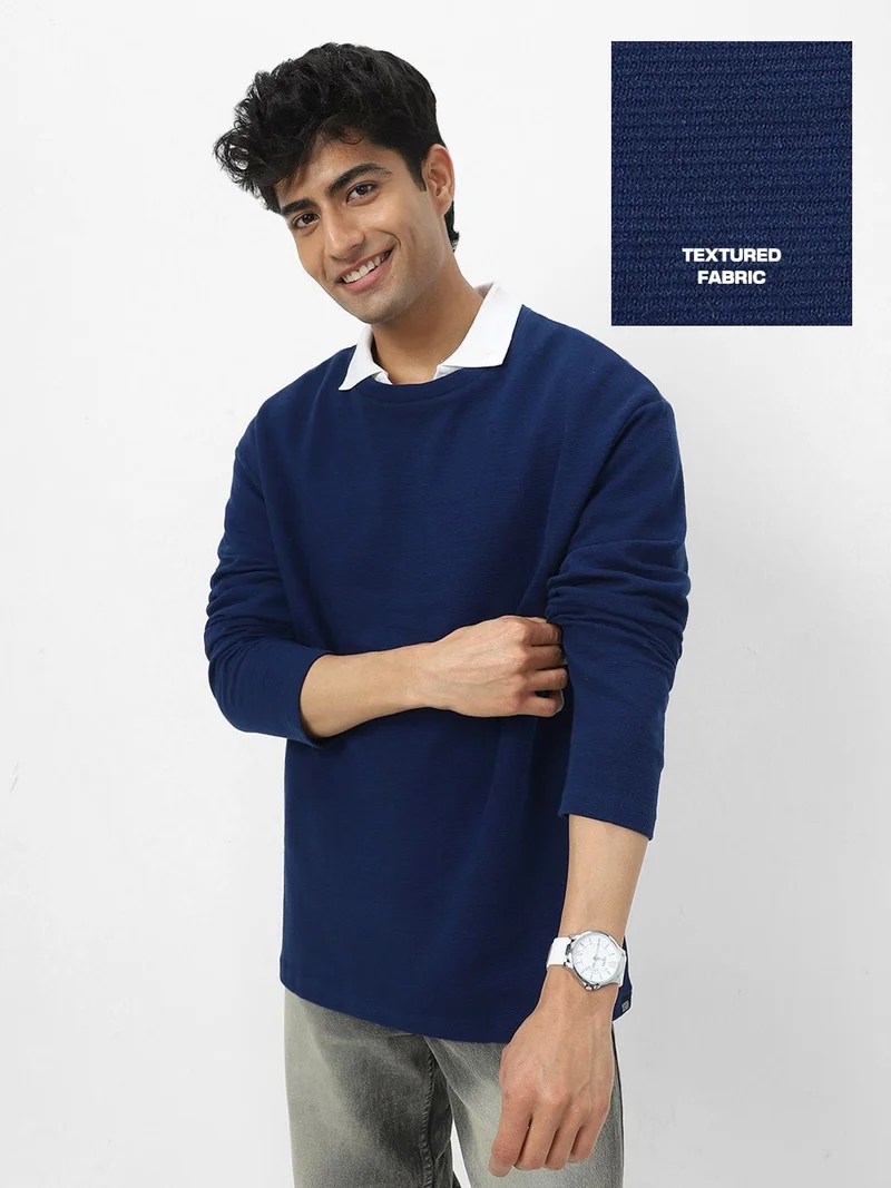 Urbano Fashion Men's Navy Textured Round Neck Oversized Full Sleeve Cotton T-Shirt