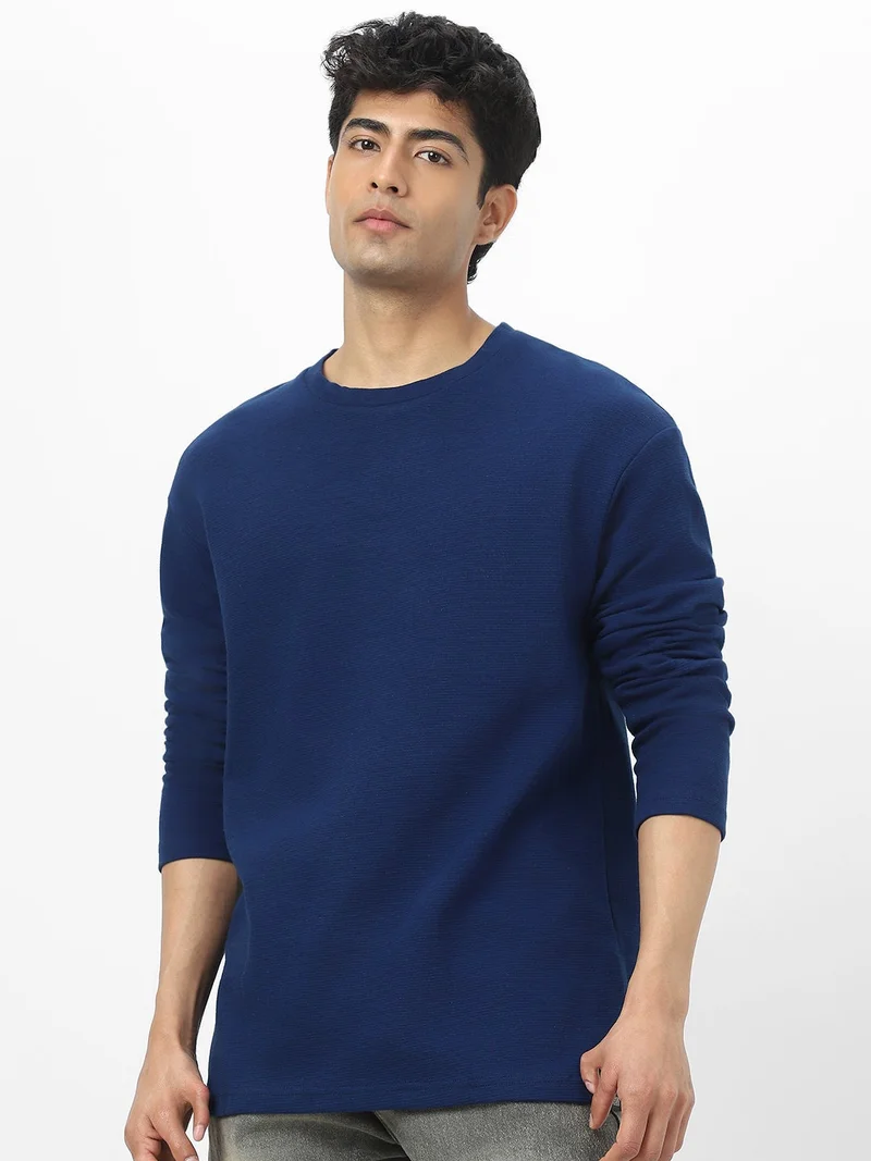 Urbano Fashion  Urbano Fashion Men's Navy Textured Round Neck Oversized Full Sleeve Cotton T-Shirt  | Best Price UAE