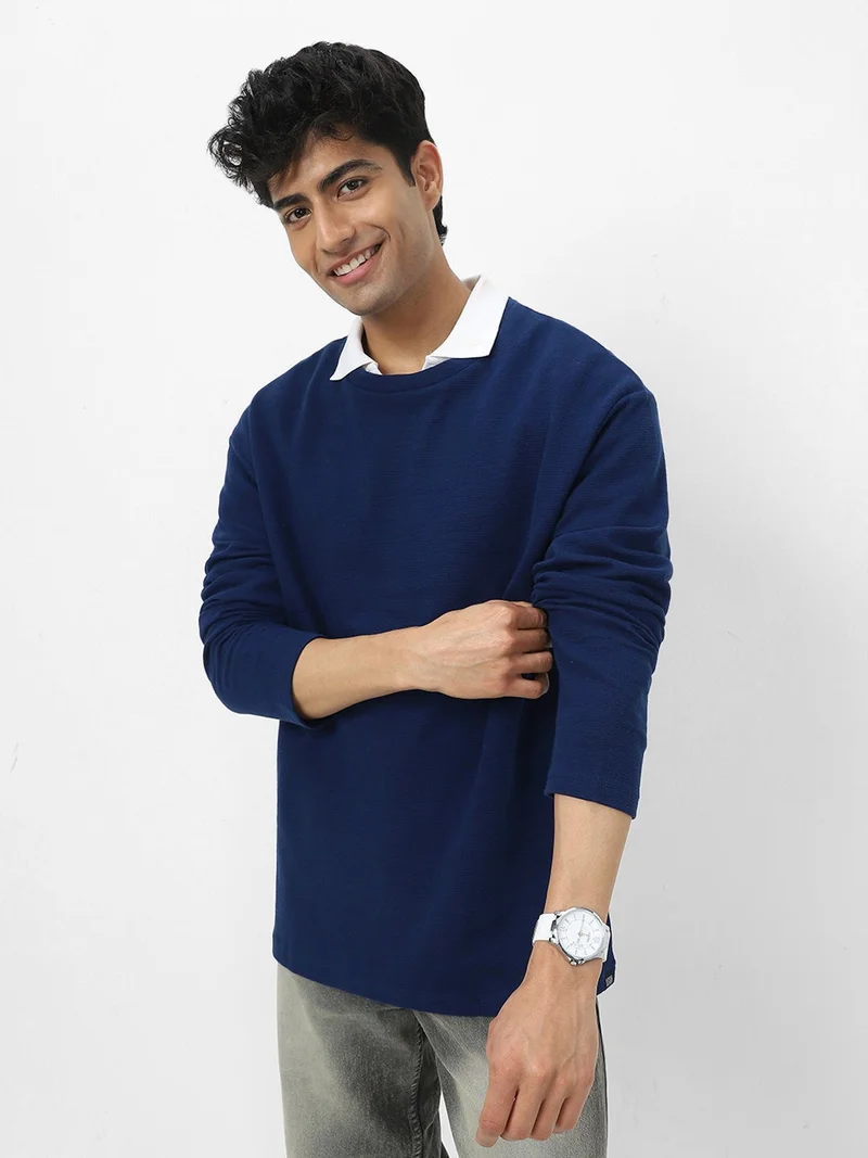 Urbano Fashion  Urbano Fashion Men's Navy Textured Round Neck Oversized Full Sleeve Cotton T-Shirt  | Best Price UAE