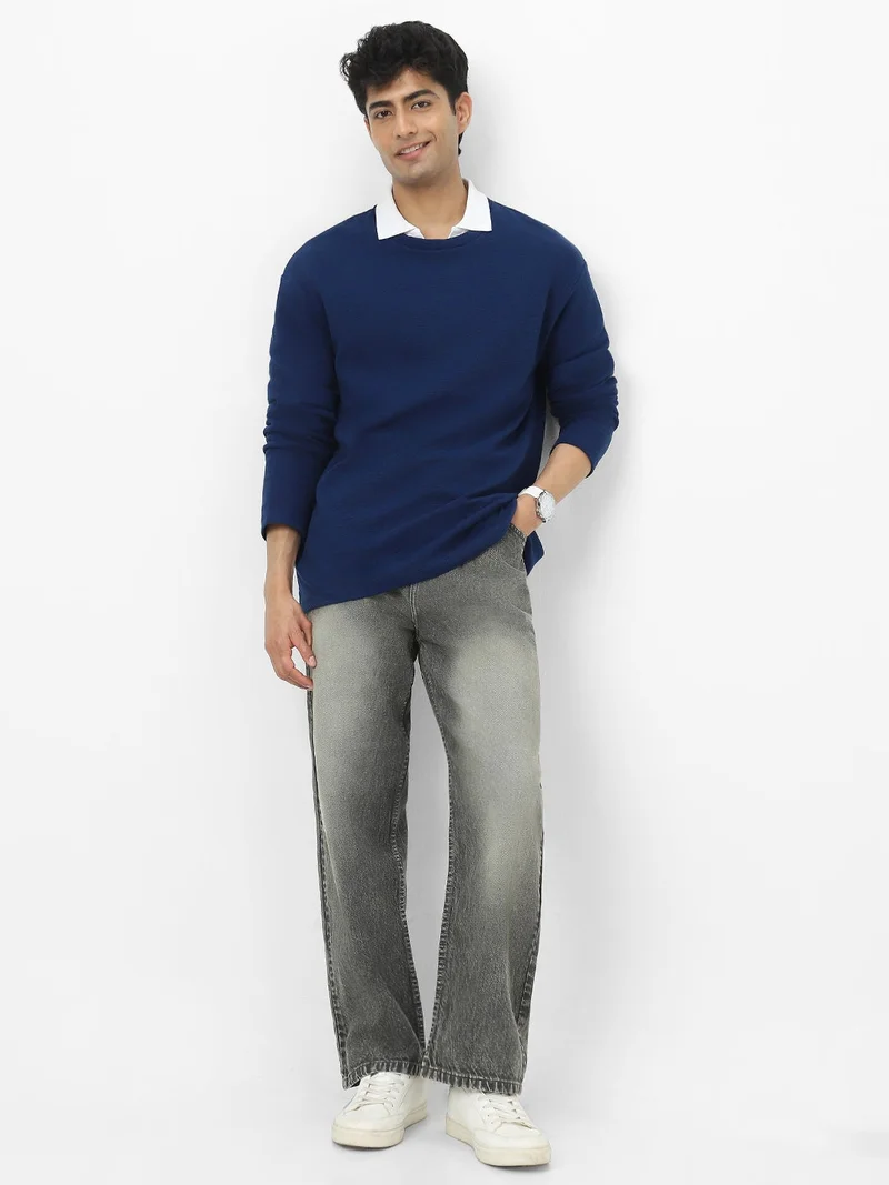 Urbano Fashion  Urbano Fashion Men's Navy Textured Round Neck Oversized Full Sleeve Cotton T-Shirt  | Best Price UAE