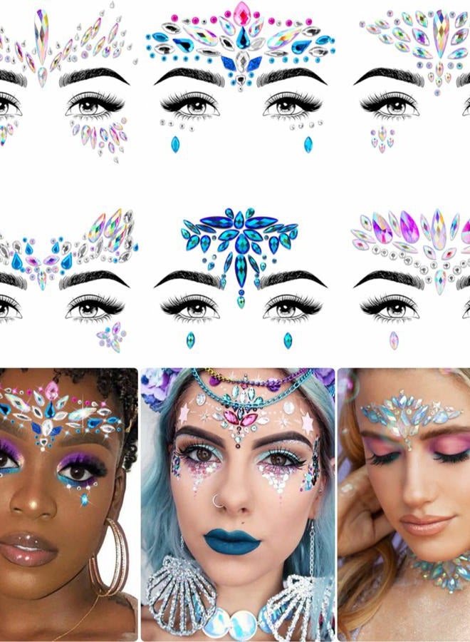 iMethod Face Jewels - Face Gems , Mermaid Face Jewels Stick On, Rave Accessories for Mardi Gras Costumes & Coachella Clothes, 6 Pcs - Image 1