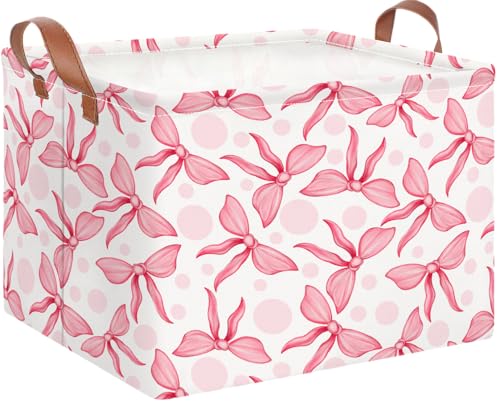 NTAOHAMPER Rectangular Storage Basket EmptyToys Storage Bin with HandlesBaby Room DecorGift BasketBook BoxPink Bowknot - Image 1