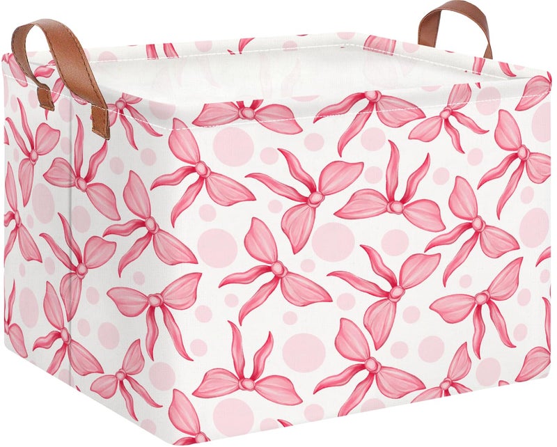 NTAOHAMPER Rectangular Storage Basket EmptyToys Storage Bin with HandlesBaby Room DecorGift BasketBook BoxPink Bowknot - Image 2