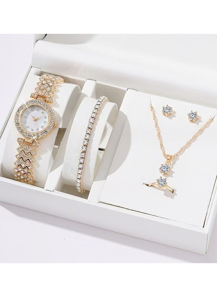 5pcs Rhinestone Watch Set Shiny Quartz Crystal Wrist Watch Luxury Diamond Shining Bling Watches with Stainless Steel Bracelet Gift for Women Girls Birthday - Image 1