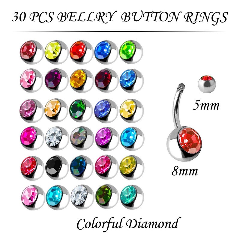 OMAIGAR Belly Button Rings 30 Pieces, Surgical Stainless Steel Belly Rings for Women with Colorful Crystal Diamonds, Body Piercing Navel Ring as Ideal Jewelry Set - Image 2