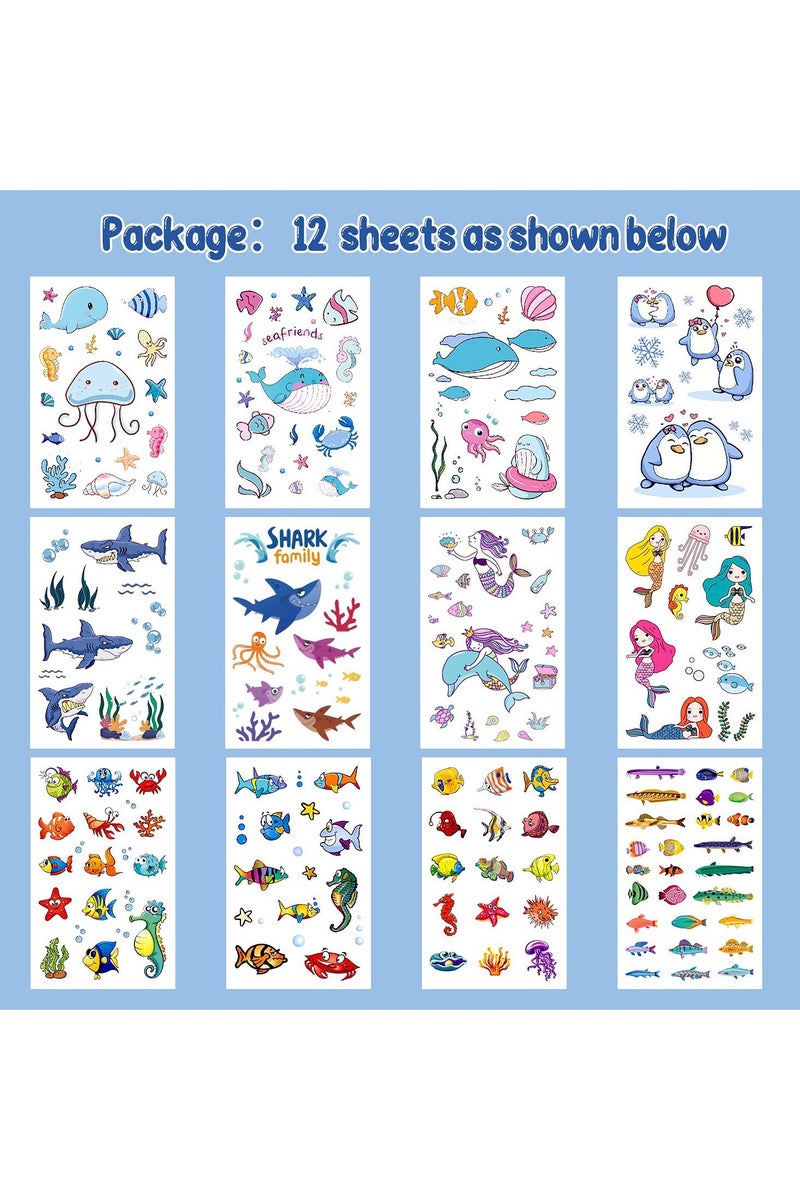 قوس قزح أورينبو 12 ورقة و200 نمط وشم مؤقت بموضوع المحيط للأطفال شاطئ حمام سباحة تحت البحر لوازم حفلات أعياد الميلاد هدايا ملصقات الوشم حورية البحر قرش سمكة استوائية حوت للأولاد والبنات - Image 2