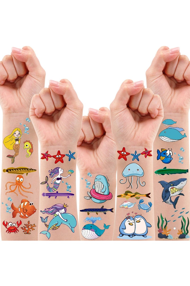 قوس قزح أورينبو 12 ورقة و200 نمط وشم مؤقت بموضوع المحيط للأطفال شاطئ حمام سباحة تحت البحر لوازم حفلات أعياد الميلاد هدايا ملصقات الوشم حورية البحر قرش سمكة استوائية حوت للأولاد والبنات - Image 1