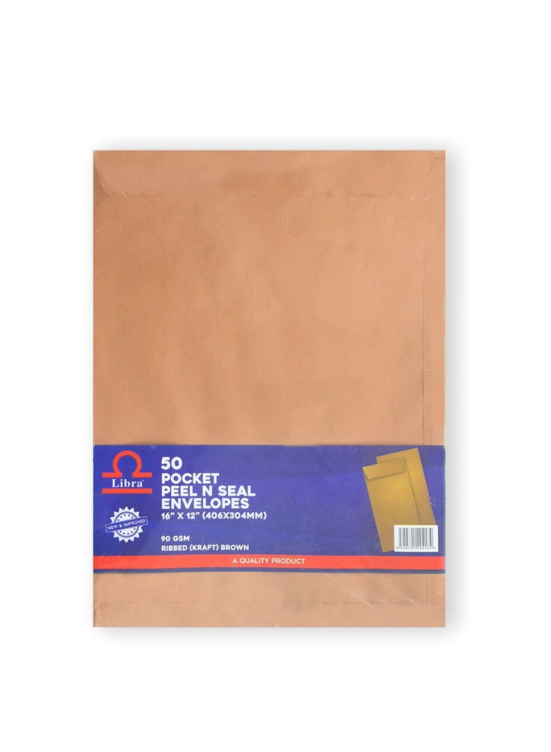 Libra A3 Pocket Ribbed Brown Envelopes, 16×12 – 90GSM (Peel & Seal 50 Pieces Box) - Image 1
