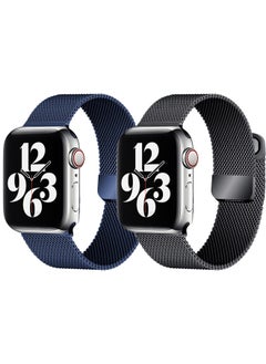 YOMNA [set of 2] YOMNA Magnetic Metal Milanese Loop Band Compatible with Apple Watch Band 42mm 44mm 45mm 49mm, Mesh Strap Replacement for iWatch Series Ultra SE 8 7 6 5 4 3 2 1 (Navy Blue/Gray) 